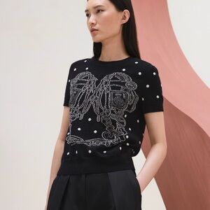 NWT! HERMES 🖤 Brides de Gala Embroidered Short -sleeve sweater size 38 Bleu Noir